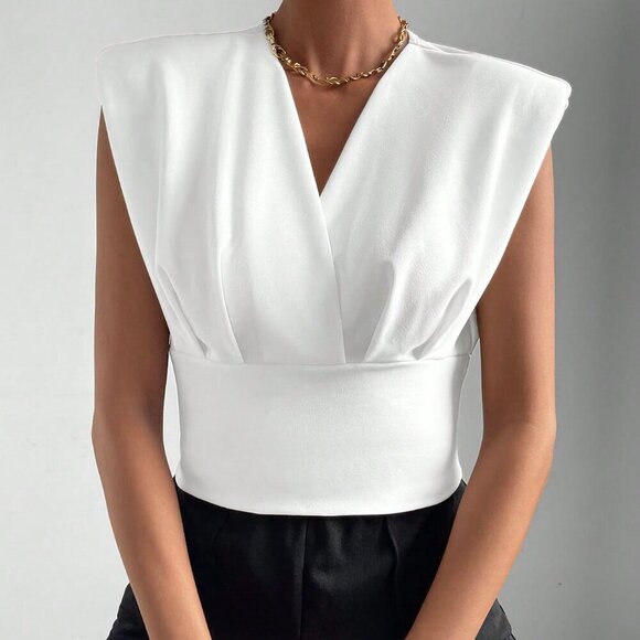 White Casual Women's Short Sleeve Shoulder Padded T-Shirt Top - Picture 4 of 6